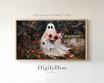 Ghost with Dahlia Bouquet, Vintage Halloween Frame TV Art (Digital Download)