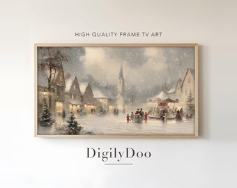 Christmas Frame TV Art, Old Town Square with Carousel and Lanterns, Vintage Winter Painting