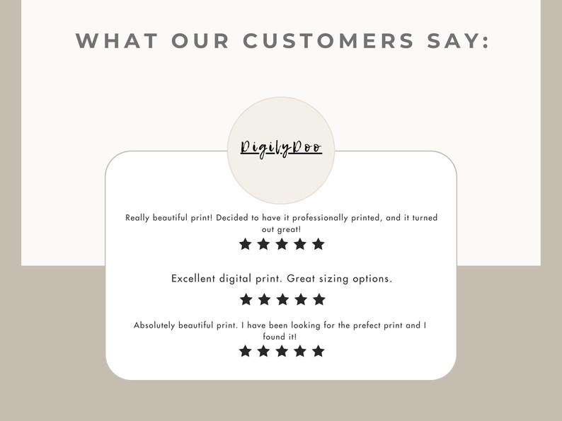 Puede incluir: Una rese&ntilde;a de un cliente para una tienda de impresi&oacute;n digital llamada "Digily Doo". La rese&ntilde;a incluye tres calificaciones de cinco estrellas y comentarios positivos sobre la calidad y las opciones de tama&ntilde;o de las impresiones.