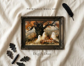 Halloween Ghost Picnic Print, Autumn Oak Painting, Textured Oil Style (Digital Download)