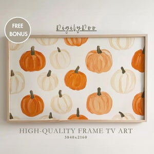 Può includere: Una stampa d'arte digitale incorniciata con un motivo di zucche arancioni e bianche su uno sfondo bianco. La cornice è in legno chiaro e il testo "Digily Doo" è in alto nell'immagine. Il testo "HIGH-QUALITY FRAME TV ART 3840x2160" è in basso nell'immagine.