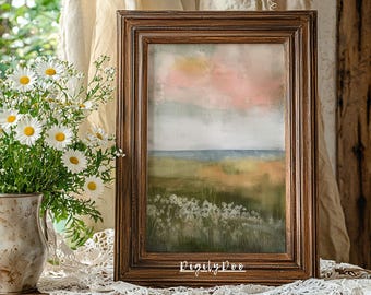 Pintura al óleo de paisaje primaveral: Decoración de pared vintage estilo cottagecore (descarga digital)
