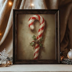 Rustic Candy Cane Wall Art, Vintage Christmas Oil Painting, Winter ...