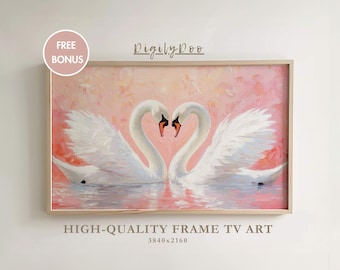 May include: A framed painting depicting two white swans with their necks intertwined in a heart shape, against a soft pink background. The painting is titled "Digily Doo" and has a resolution of 3840x2160.