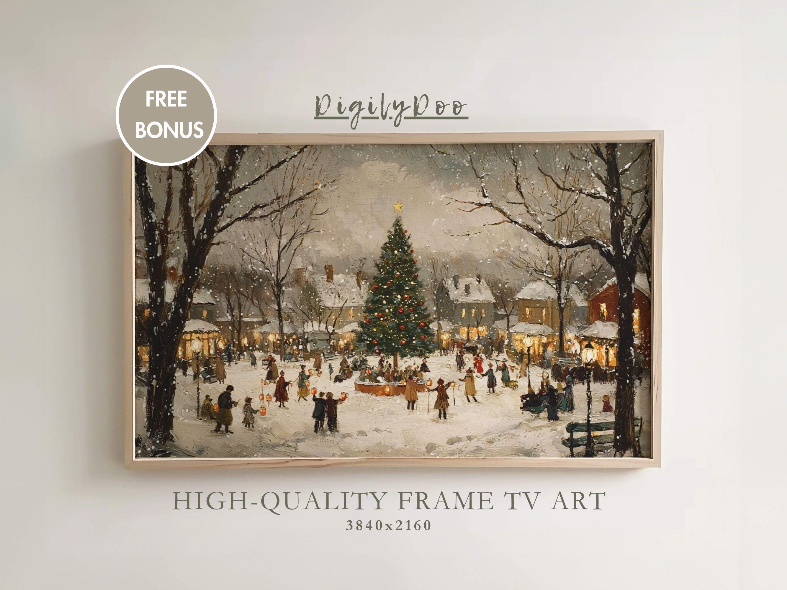 Christmas Frame TV Art, Christmas Village Tree Tv Decor, Vintage Holiday Town Painting, Moody Winter Screensaver Samsung TV Digital Download