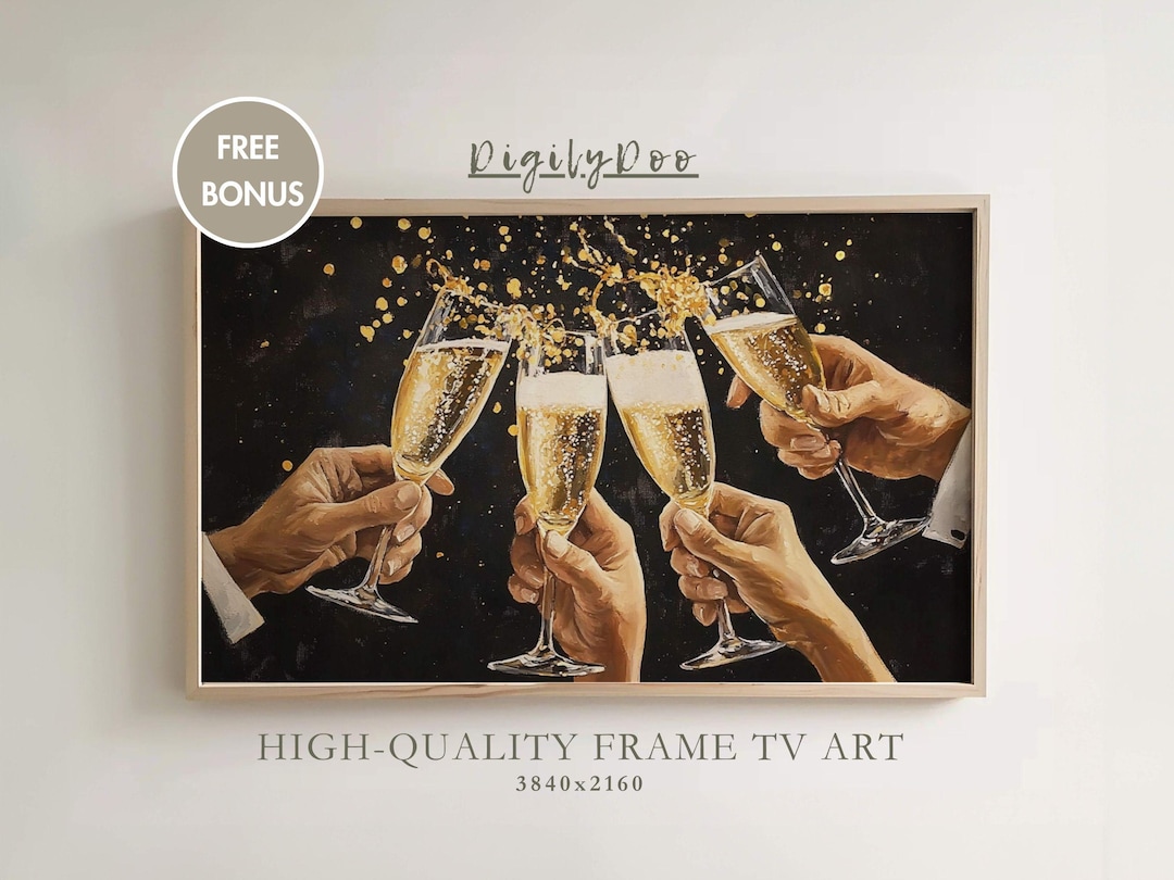 New Years Frame TV Art, Happy New Year 2025 Tv Decor, Vintage Champaign