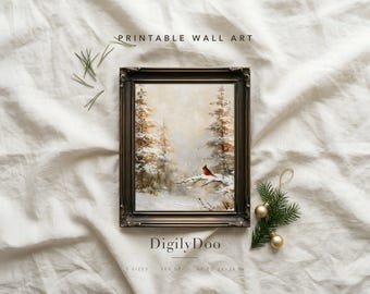 Red Cardinal Print, Vertical Vintage Christmas Wall Art (Digital Download)