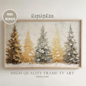 May include: A framed painting of a forest scene with five trees in shades of gold, green, and white. The trees are painted in a textured style, giving the impression of brushstrokes. The background is a soft white.