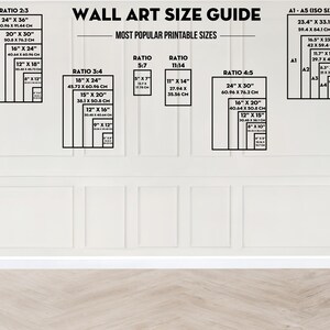 Puede incluir: Una pared blanca con texto negro que describe diferentes tama&ntilde;os y proporciones de arte imprimible. El texto incluye medidas en pulgadas y cent&iacute;metros. El texto tambi&eacute;n incluye el t&iacute;tulo "Gu&iacute;a de tama&ntilde;os de arte de pared" y "Tama&ntilde;os de impresi&oacute;n m&aacute;s populares".