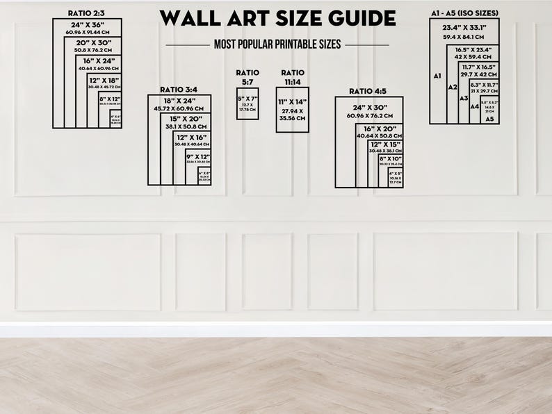 Puede incluir: Una pared blanca con texto negro que describe diferentes tama&ntilde;os y proporciones de arte imprimible. El texto incluye medidas en pulgadas y cent&iacute;metros. El texto tambi&eacute;n incluye el t&iacute;tulo "Gu&iacute;a de tama&ntilde;os de arte de pared" y "Tama&ntilde;os de impresi&oacute;n m&aacute;s populares".