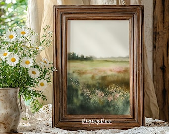 Impresión de acuarela de paisaje primaveral: estilo cottagecore de granja vintage (descarga digital)