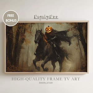 Puede incluir: Una pintura digital de un jinete sin cabeza cabalgando por un bosque oscuro. La cabeza del jinete es una calabaza iluminada.  "Digily Doo" está escrito en la parte superior de la imagen.
