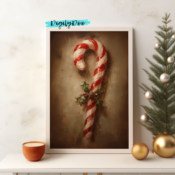 Rustic Candy Cane Wall Art, Vintage Christmas Oil Painting, Winter Holiday Christmas Decor, Candy Cane Printable, Digital Xmas Decor-Print