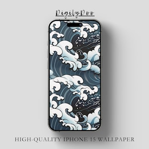 Pode incluir: Um smartphone exibe um papel de parede com um padrão de ondas japonesas estilizadas em tons de azul e branco. O telefone é prateado e o texto "HIGH-QUALITY IPHONE 15 WALLPAPER" é visível na parte inferior.