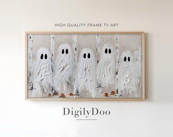 Textured Ghosts among Birch Trees, Minimalist Halloween Frame TV Art (Digital Download)
