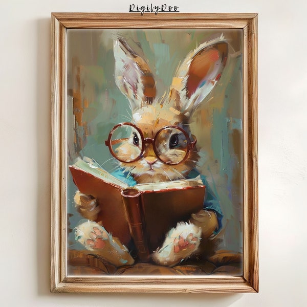 Cute Easter Bunny Reading Book Print Art, tiny rabbit big glasses Printable Wall Art, Spring Nursery Painting, light Academia Decor Download