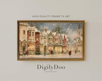 Victorian High Street at Dusk, Vintage Christmas Frame TV Art (Digital Download)