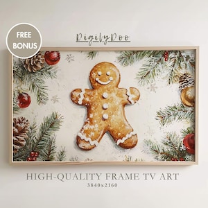 Kerst frame tv-kunst, Gingerbread Man tv-decor, vintage wintervakantie screensaver, rustieke kerst boerderij kunst, Samsung TV digitale download