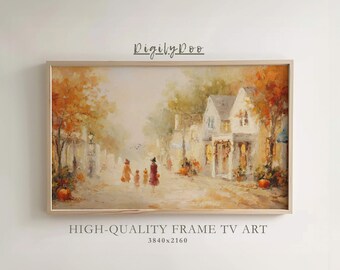 May include: A framed painting depicts a fall scene with a street lined with houses and trees in shades of orange and yellow. Figures walk along the street, and pumpkins are scattered throughout. The text "HIGH-QUALITY FRAME TV ART" is at the bottom.