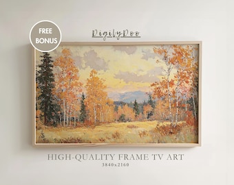 May include: A framed landscape painting depicting an autumn scene with trees in shades of yellow and orange, set against a backdrop of a sunset sky. The artwork is labeled "HIGH-QUALITY FRAME TV ART" with the resolution 3840x2160.
