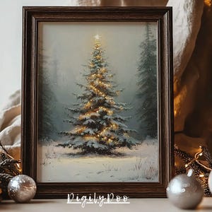 Vintage Christmas Tree Print, Xmas Pine Tree Art Print, Christmas Decor Printable Wall Art, Neutral Moody Antique Evergreen Trees Painting