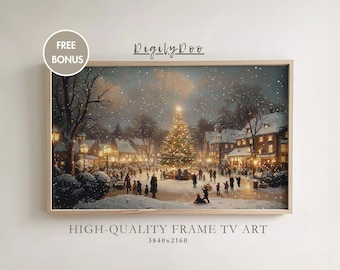 Moldura de Natal para TV, Decoração de Vila Natalina para TV, Pintura Vintage de Árvore de Natal, Protetor de Tela de Inverno Temperamental para Samsung TV Digital Download
