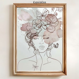 Impresión de arte de dibujo de línea de mujer, decoración de pared de sombrero de flores femeninas minimalistas, cartel de impresión femenina, retrato de arte de línea moderna, descarga digital