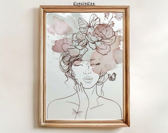 Minimalist Woman Line Art Print, Flowers and Hat (Digital Download)
