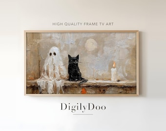 Ghost and Black Cat on Windowsill, Vintage Halloween Frame TV Art (Digital Download)