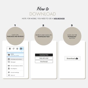 May include: A three-step guide on how to download files from a website. The steps are: 1. Click on "Purchase and Reviews", 2. Search and click on "Download Files", 3. Click on the "Download" button.