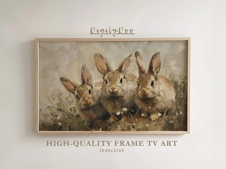 May include: A framed painting of three brown rabbits in a field of flowers. The rabbits are looking at the viewer. The painting is in a light wood frame.