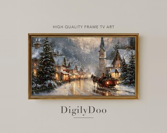 Christmas Frame TV Art, Horse Drawn Sleigh in Snowy Alpine Village, Vintage Oil Painting