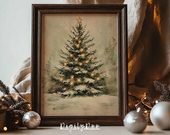 Christmas Pine Tree Wall art, xmas tree art print, Winter Holiday Printable Decor, Natural Moody Wallpaper, Antique Evergreen Tree Painting