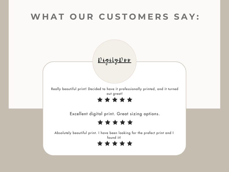 May include: A customer review for a digital print shop called "Digily Doo". The review includes three five-star ratings and positive comments about the quality and sizing options of the prints.