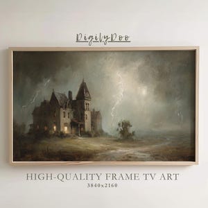 Puede incluir: Una impresión de arte digital enmarcada representa una mansión gótica bajo un cielo tormentoso con rayos. La obra de arte está en tonos apagados de gris, marrón y beige. El texto en la parte inferior dice "HIGH-QUALITY FRAME TV ART".