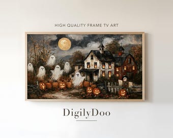 Ghosts over a Pumpkin Farm, Vintage Halloween Frame TV Art (Digital Download)