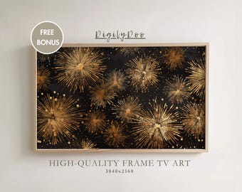 New Year's Eve Frame TV Art: Golden Fireworks, Vintage Winter Painting (Digital Download)