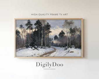 Snowy Pine Forest Path at Dawn, Vintage Christmas Frame TV Art (Digital Download)