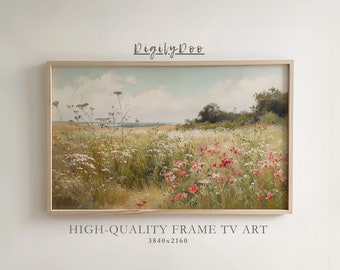 Op de afbeelding: Een ingelijst schilderij van een veld met wilde bloemen met een blauwe lucht en witte wolken op de achtergrond. Het schilderij is in een licht houten lijst. De tekst "HIGH-QUALITY FRAME TV ART 3840x2160" is onder de lijst gedrukt.