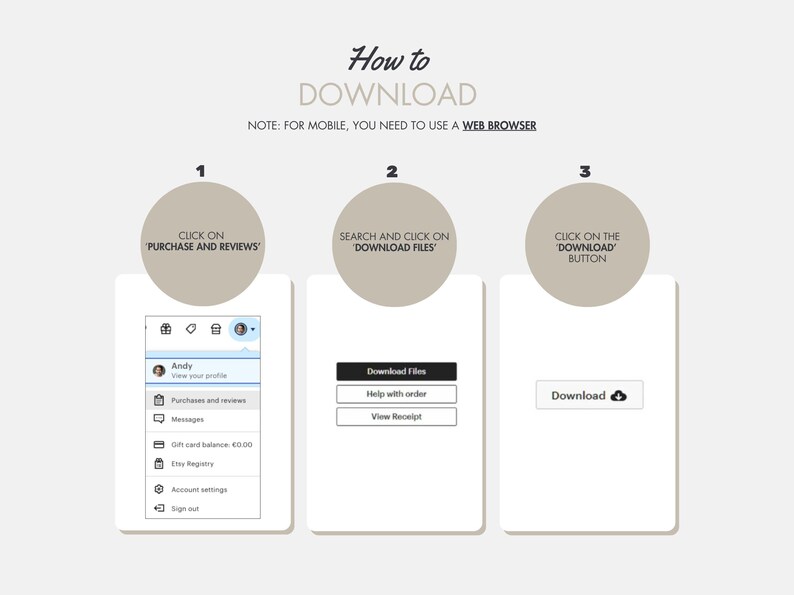 May include: A three-step guide on how to download files from a website. The steps are: 1. Click on "Purchase and Reviews", 2. Search and click on "Download Files", 3. Click on the "Download" button.