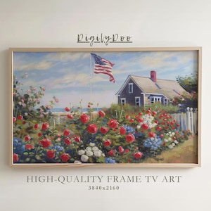 4th of July Frame TV Art,  Independence Day Art, American Flag, Coastal Garden Artwork, Summer Frame TV, USA Oil Painting, Digital Download