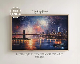 New Years Fireworks Frame TV Art, Vintage New York Skyline (Digital Download)