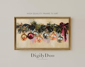 Mercury Glass Ornaments on Pine Bough, Vintage Christmas Frame TV Art (Digital Download)