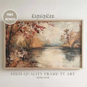 Puede incluir: Una pintura enmarcada de un paisaje con un río, árboles y un cielo nublado. La pintura está en un marco de madera claro. El texto "HIGH-QUALITY FRAME TV ART 3840x2160" está debajo de la pintura.