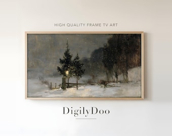 Christmas Frame TV Art, Lantern Pines at Snowy Dusk, Moody Winter Oil Painting