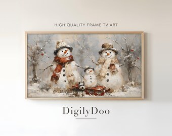 Snowman Family with Sled and Dog, Vintage Christmas Frame TV Art (Digital Download)