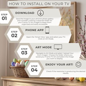May include: A step-by-step guide on how to install artwork on a smart TV using the "Smart View" app. The steps include downloading the image, opening the app, selecting the TV, navigating to Art Mode, uploading the image, and enjoying the artwork.