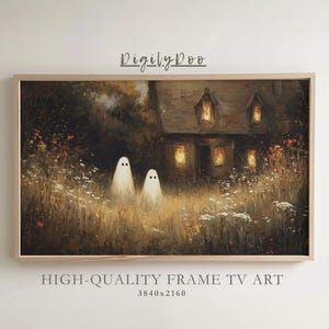 May include: A framed digital art print depicts a spooky scene with two white ghosts in a field of tall grass, in front of a house with lit windows. The text "DigilyDoo" is at the top, and "HIGH-QUALITY FRAME TV ART" is at the bottom.