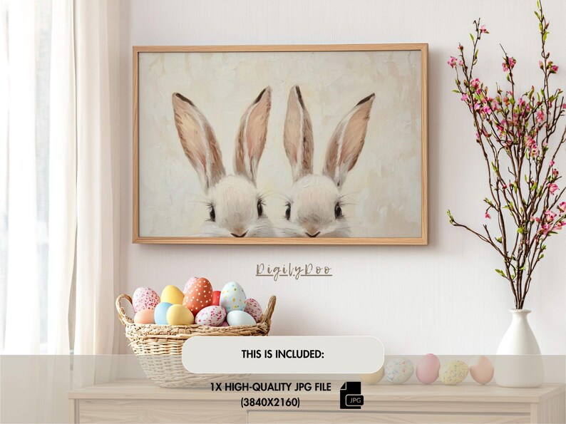 May include: A digital painting of two white bunnies with long ears, looking directly at the viewer. The bunnies are against a light beige background.