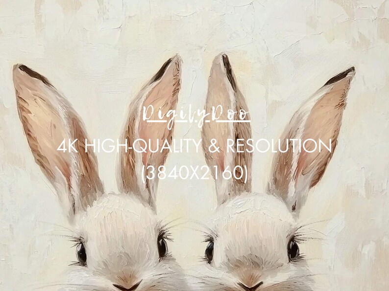 May include: A digital painting of two white bunnies with brown ears. The bunnies are facing forward with their noses touching. The background is a light beige color. The text "4K HIGH-QUALITY & RESOLUTION (3840X2160)" is written in black below the bunnies.